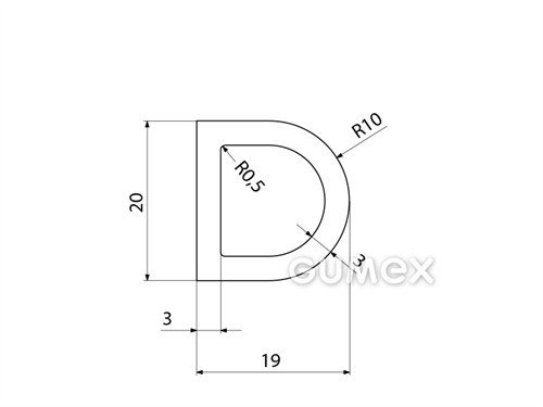 Silikonový profil tvaru "D" s dutinkou, 20x19/R10mm, 60°ShA, -60°C/+180°C, transparentní